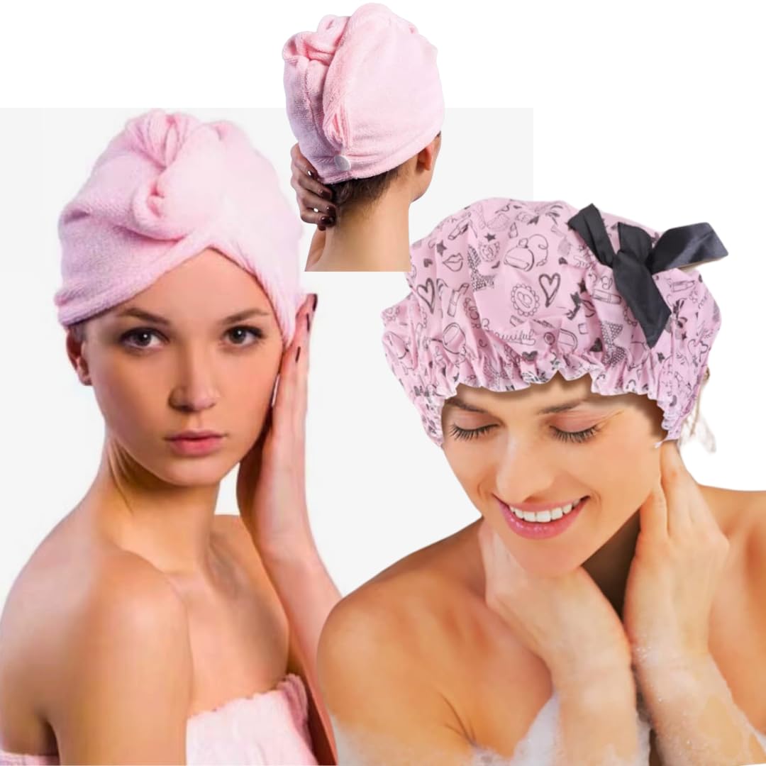 TOTA-BATOTA 2 in 1 Hair Care Set, shower cap Bonnet and Microfiber Hair Towel Wrap, Pink 2-Piece set