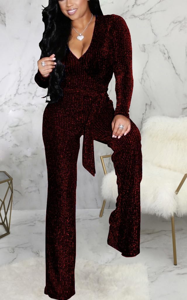 LightlyKiss Women Casual Sexy V Neck Sparkly Jumpsuits Long Sleeve Onesie Loose Pants Party Clubwear with Belt - Image 8