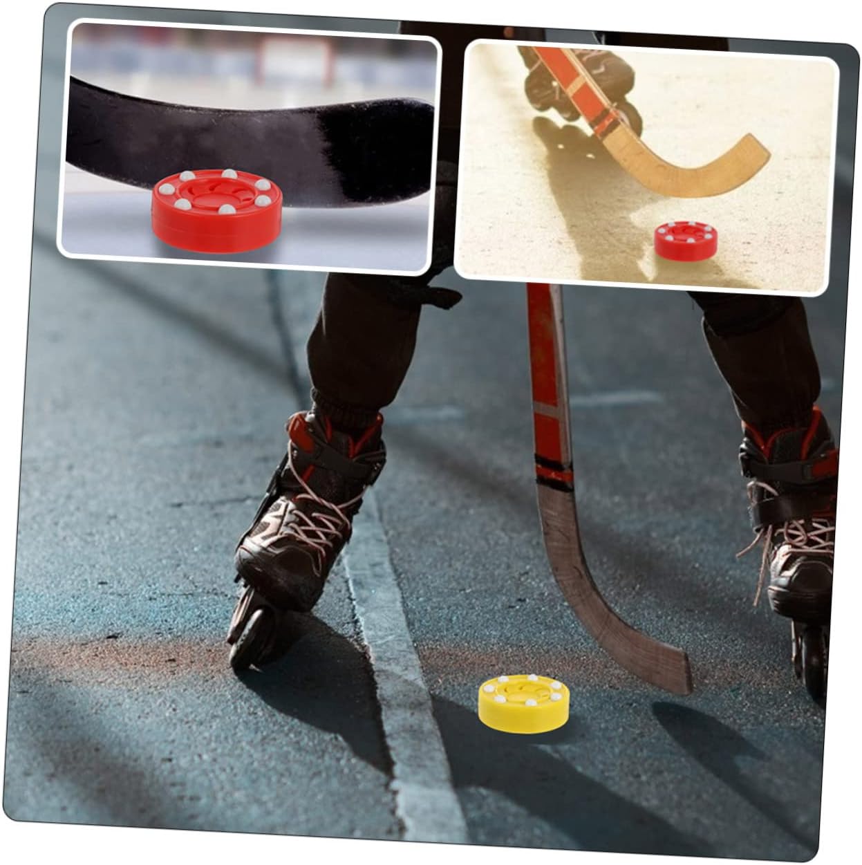 4pcs Plastic Hockey Pucks for Indoor and Outdoor Training Replaceable Low Friction Design for Consistent Shots for Roller Hockey Practice Yellow Red