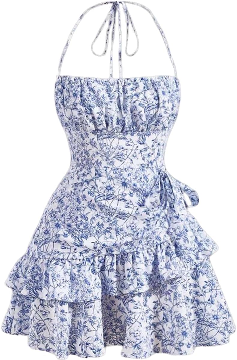 Narecte Summer Dresses for Women,Tie Backless Mini Dress,Halter Dress,Floral Print Short Dresses,Ruffle Trim Casual Dresses Medium Blue