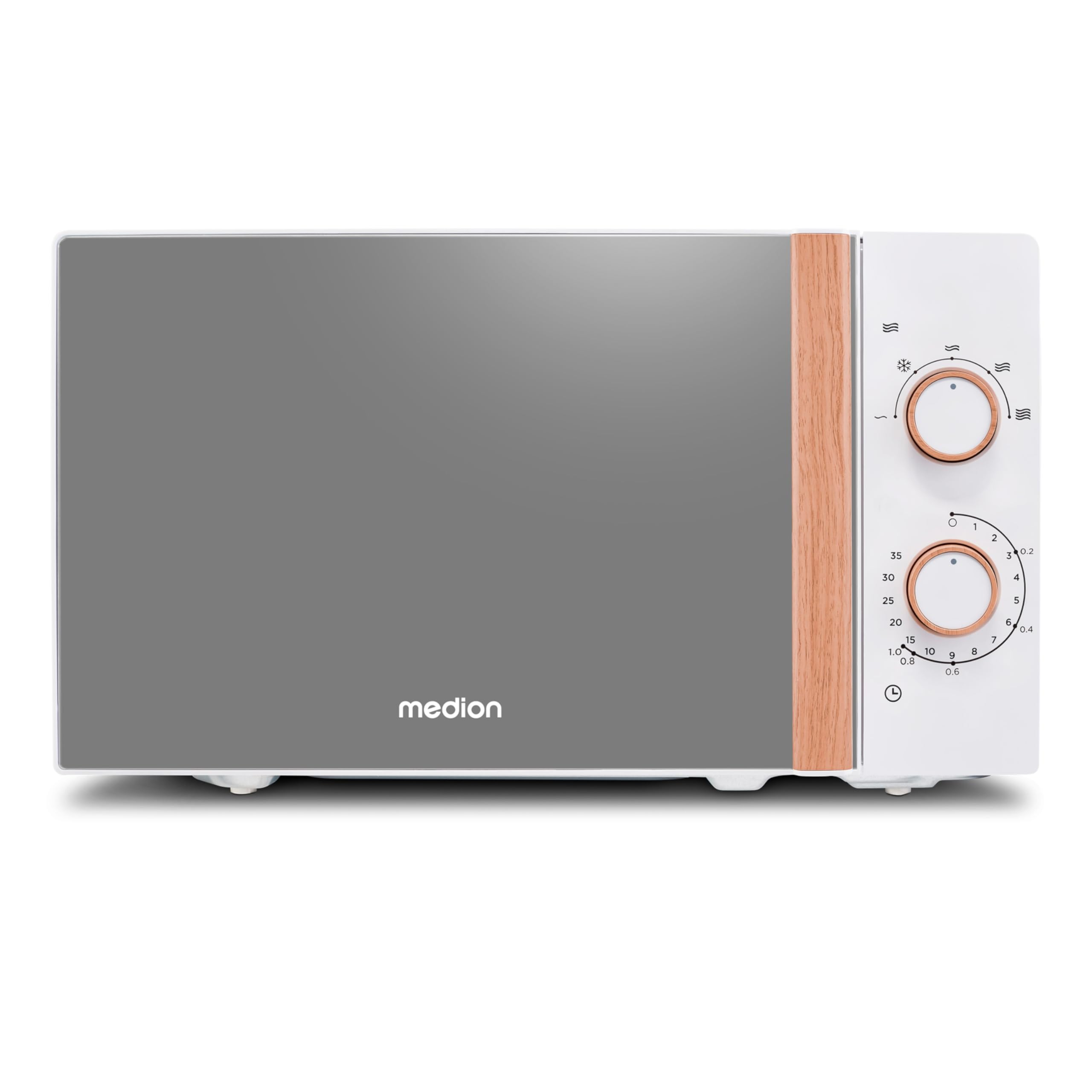 MEDION Mikrowelle klein (Holzoptik, Freistehend, 20 Liter, 700 Watt, Verspiegelte Tür, 5 Leistungsstufen, Auftaufunktion, Zeitschaltuhr, MD10596) weiß