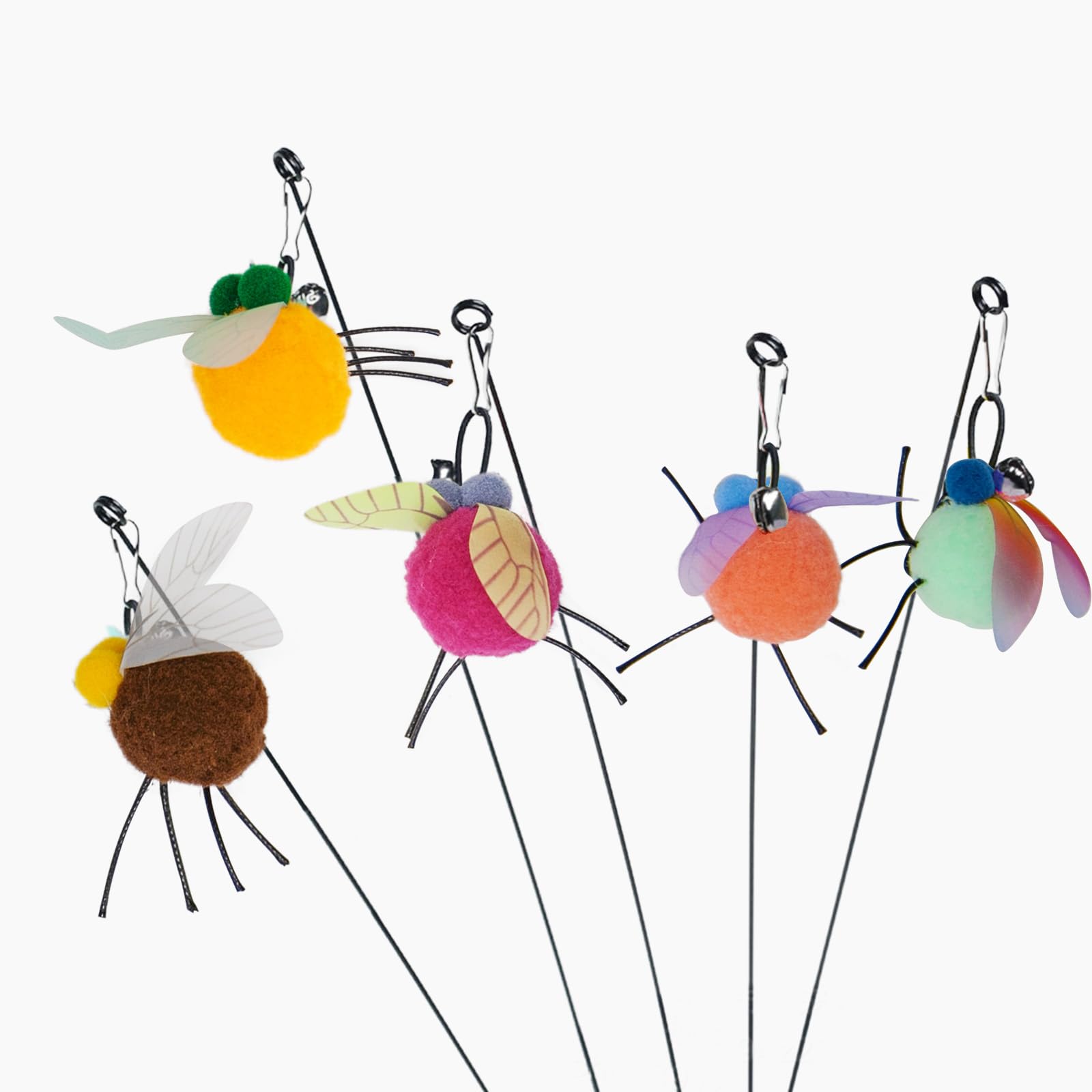 Mooipur Cat Wand Attachment Toys, 5 PCS Fly Bugs Refills with Bells for Cat Teaser, Chase and Exercise Toys for Indoor Cats and Kittens Enrichment (No