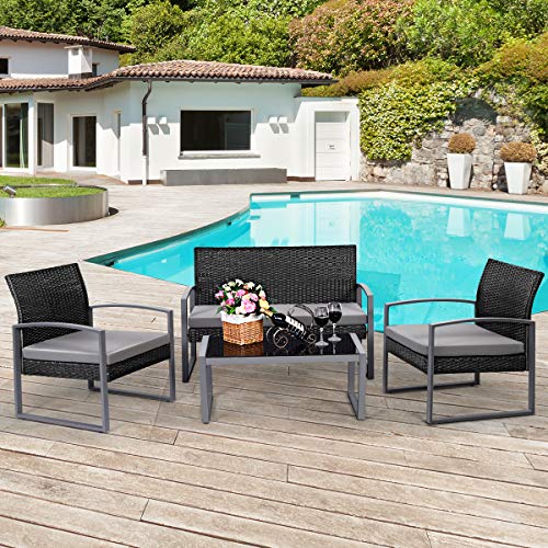 Tangkula 4 Pcs Outdoor Patio Furniture Rattan Wicker Conversation Set, As Pic #TOP3