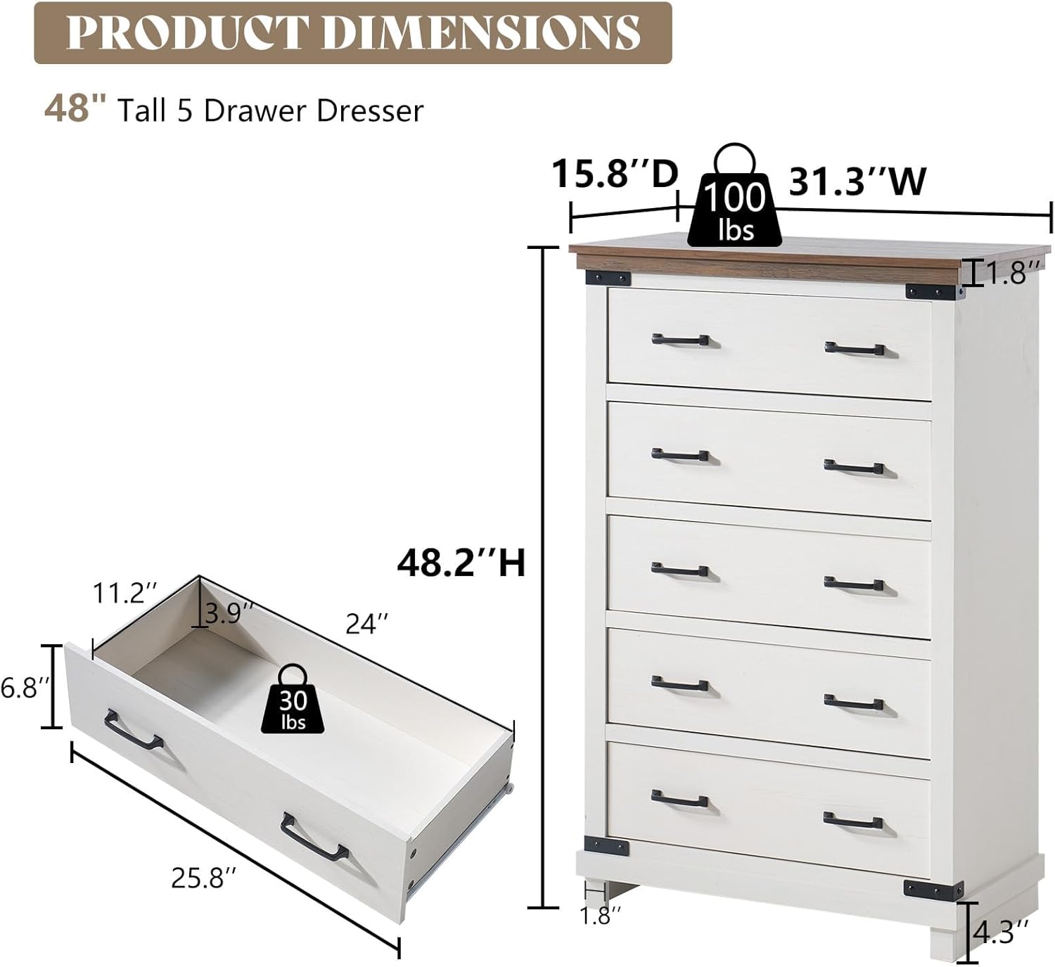 AMERLIFE 5-Piece Farmhouse Bedroom Set, Rustic Wood King Bed Frame with 51" Tall Headboard, 6-Drawer Dresser, 5-Drawer Tall Chest, Nightstands Set of 2 with Charging Station, White