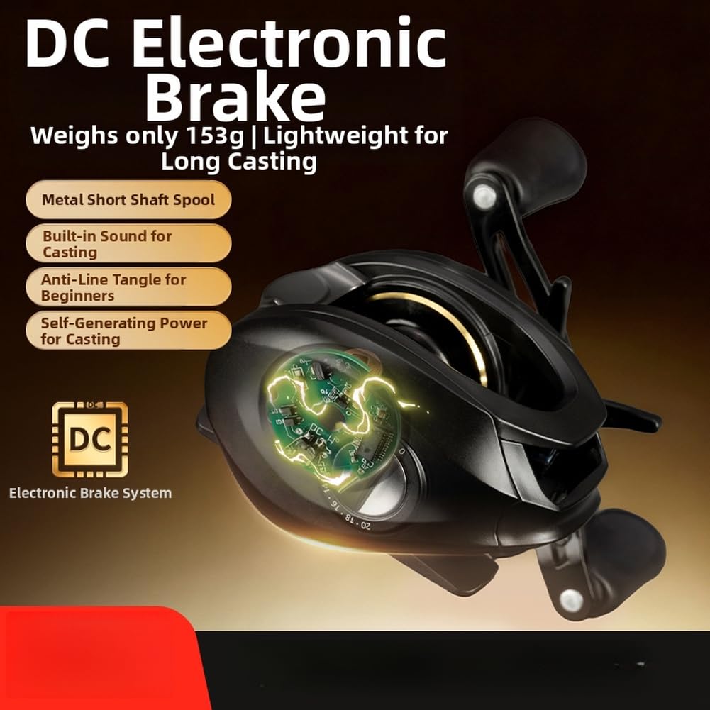 DC Elektronische Bremsen-Baitcast-Rolle, selbstbetrieben, intelligente Steuerung, Anti-Verheddern, für Langstreckenwerfe, leicht, 153 g, PA66, Verbundstoff, Schwarz