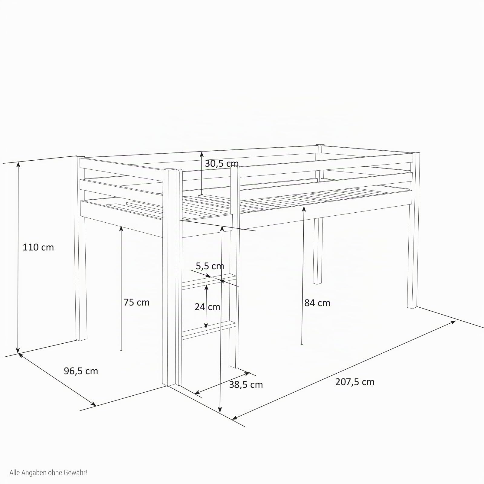 Homestyle4u Kinderbett 90x200 Weiß - Hochbett aus Holz Kiefer mit Leiter | Massives Kinderhochbett inkl. Vorhang Rosa aus Baumwolle - Stabiles Bettgestell mit Absturzsicherung für Kinderzimmer
