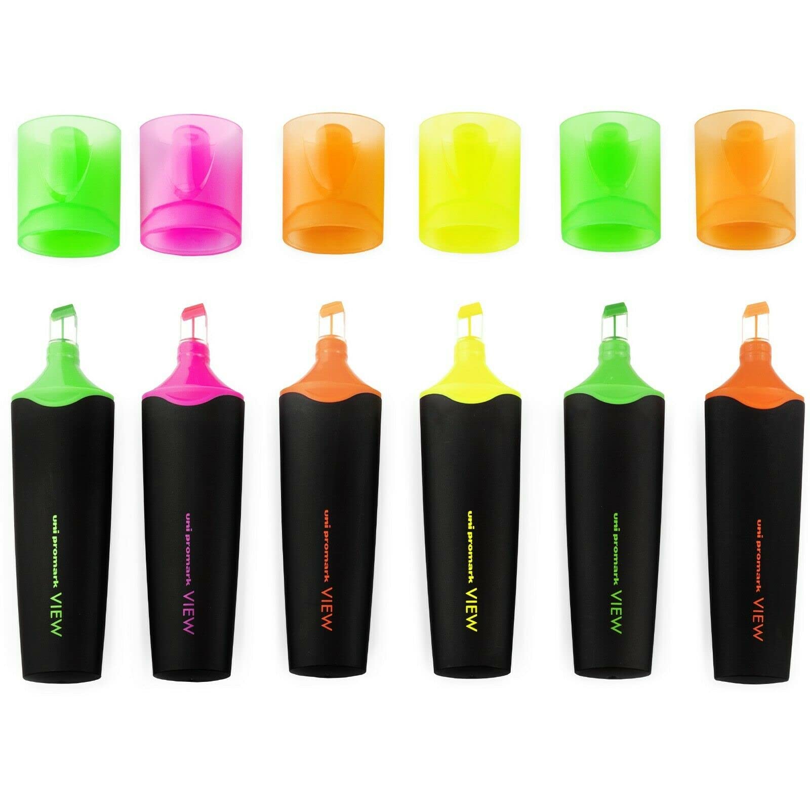 uni-ball - USP-200 Promark View Highlighter Pen - 5mm Chisel Tip - Wallet of 4 Assorted Colours + Extra Green and Orange