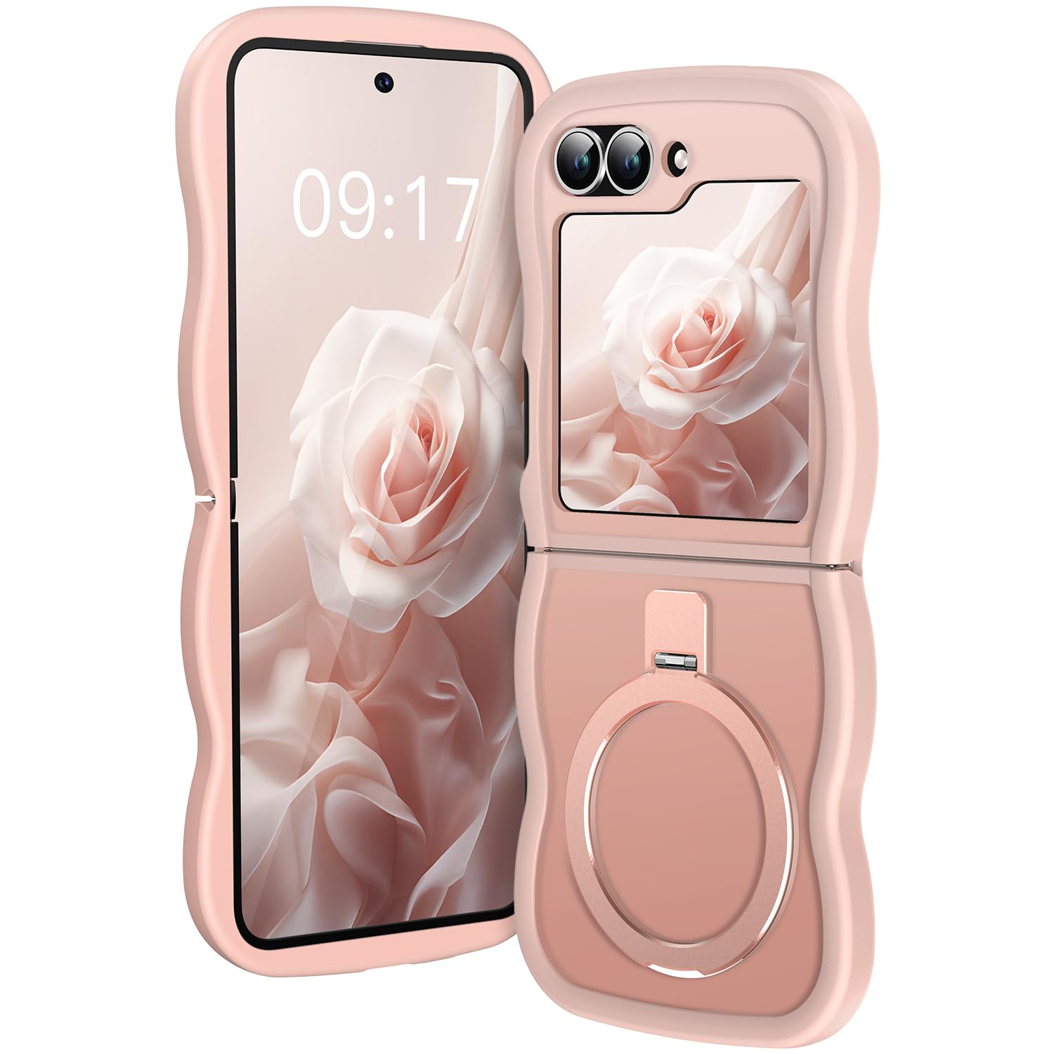 Photo 1 of [Magnetic Stand & Wave Frame] Case for Samsung Galaxy Z Flip 6/5 [Fit for MagSafe] [Military Drop Protective] Not Yellowing Translucent Z Flip 6/5 Phone Ring Cover for Women Men 6.7" Pink