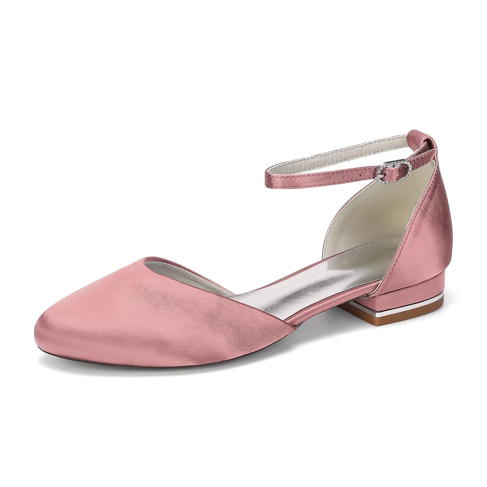 Scarpe da Sposa Comode Tacco Basso Largo Scarpe Matrimonio in Raso Punta Tonda Chiusa Decollete Eleganti con Cinturino alla Caviglia Cerimonia