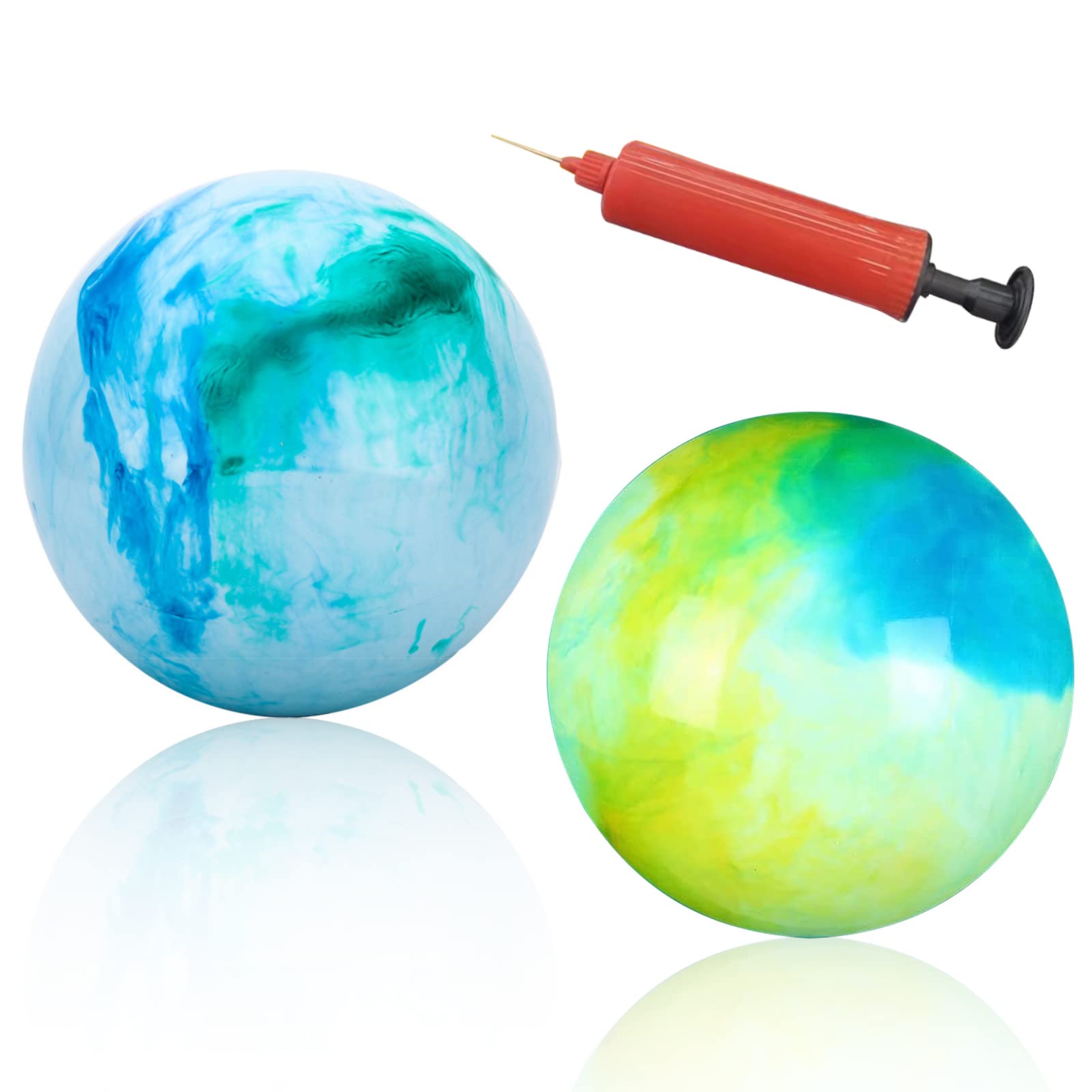 BLMHTWO 2 Pcs 9 Inches Marbleized Bouncy Balls Fun Bouncy Balls with Pump for Men Women Inflatable Playground Sensory PVC Bouncy Balls for Adults Pet Party Beach(White, Blue-Green and Pink Purple)
