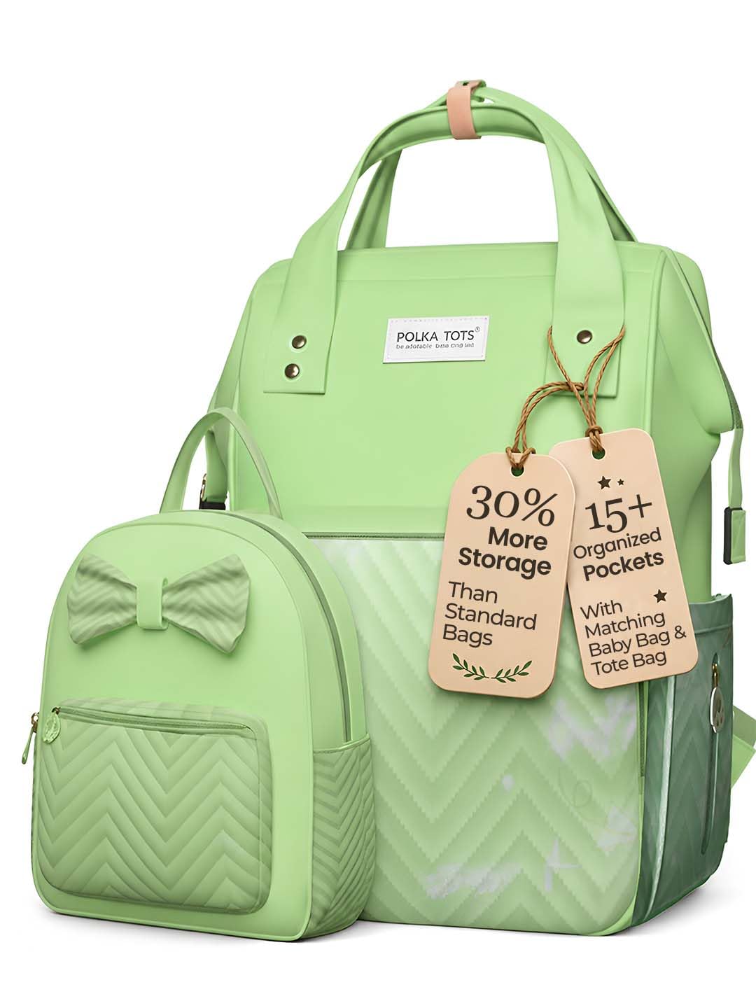POLKA TOTS MamaMini Luxe Duo Diaper Backpack with Baby Bag- Diaper Bag Combo for Moms- Spacious Storage of 15 Pockets, Insulated Bottle Holder, Water-Resistant Fabric, 0-3 Year (Green, 65X35X12cm)-image-43
