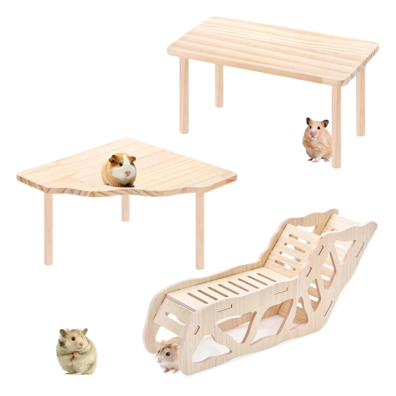 3-Piece Natural Wooden Hamster Platform Set with Climbing Ladder and Tunnel Shelter, Hamster Cage Accessories for Gerbils, Chinchillas, Guinea Pigs and Small Pets(Style D)