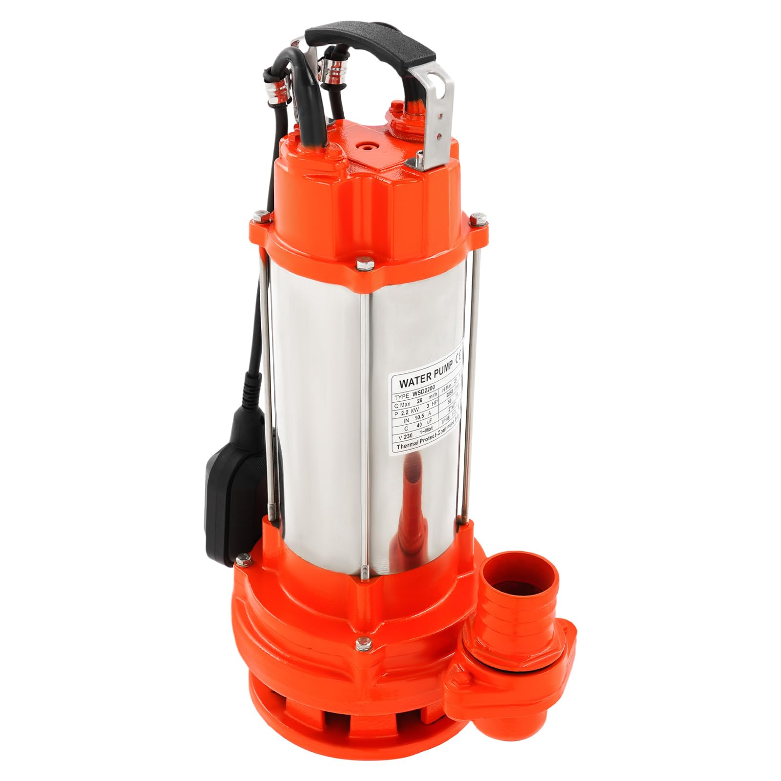 Bomba sumergible para heces, 2200 W, acero inoxidable, para jardín sótano | 5719 L/h de caudal, altura de extracción de 25 m, IP68, con interruptor de flotador, para agua sucia y aguas residuales