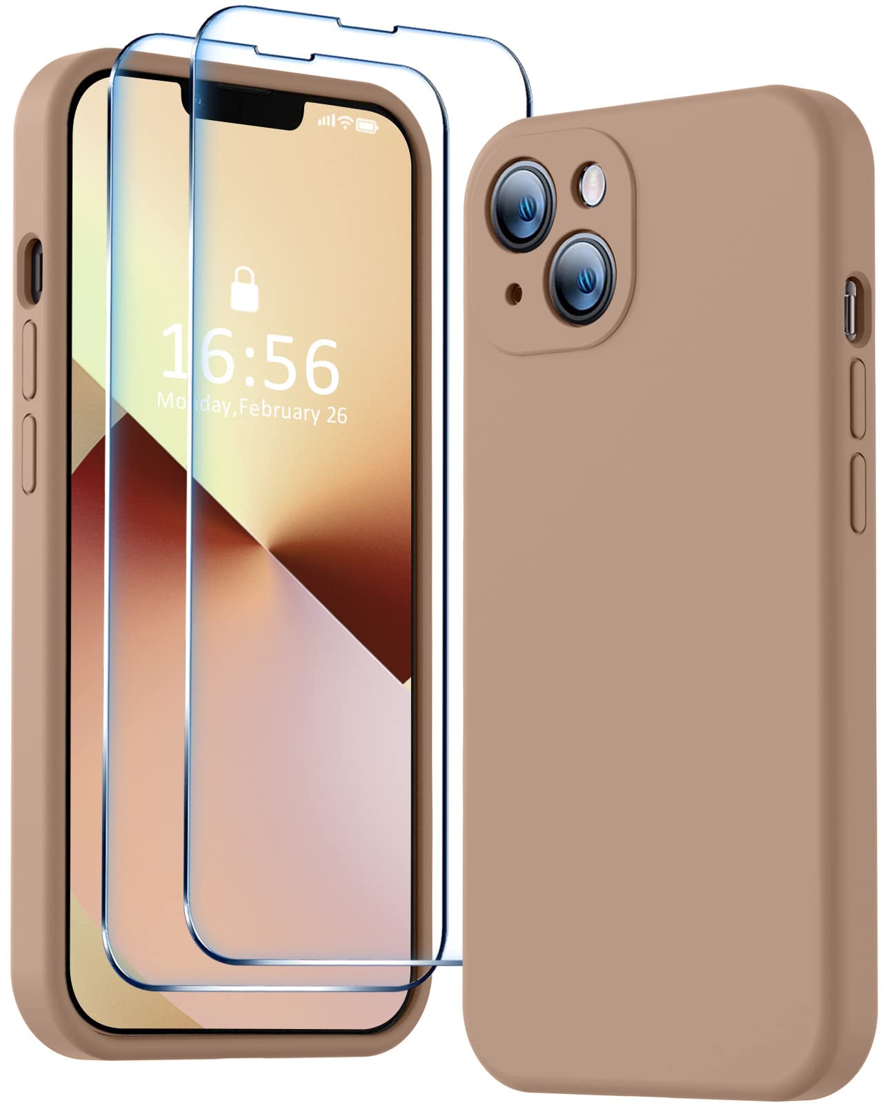 BossKiss Compatible With iPhone 13 Case, Premium Liquid Silicone [Velvety Touch] [2 Pcs 9H Tempered Glass Screen Protector], Camera All-Round Protection Shockproof Kit, Light Brown
