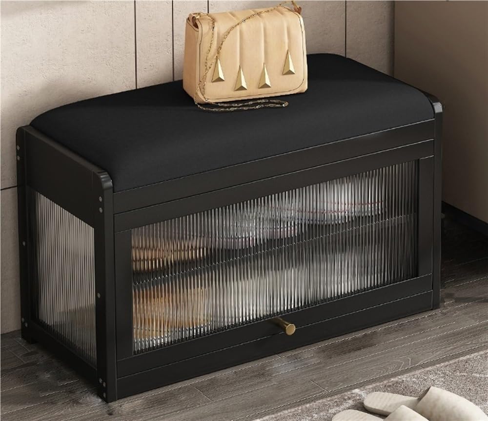 Banc à chaussures en bambou noir de 27,6 pouces au design moderne et raffiné