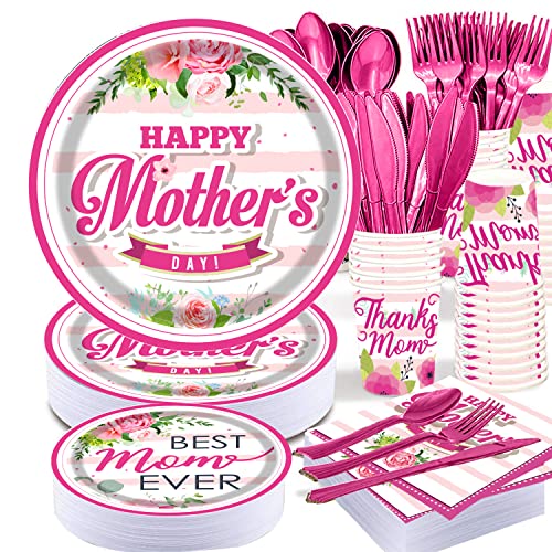 Pammyan Happy Mothers Day Party Supplies Tableware Set - 25 Set Floral Flowers Disposable Dinnerware Tablecloth - Paper Plates Napkins Cups, Pink Plastic Forks Knives Spoons For School Office Home #TOP7