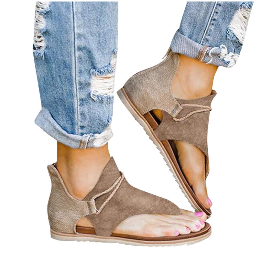 FABIURT Sandals for Women Roman Sandals Slip-On Ankle Strap Flip Flop Open Toe Casual Summer Beach Gladiator Flat Sandal