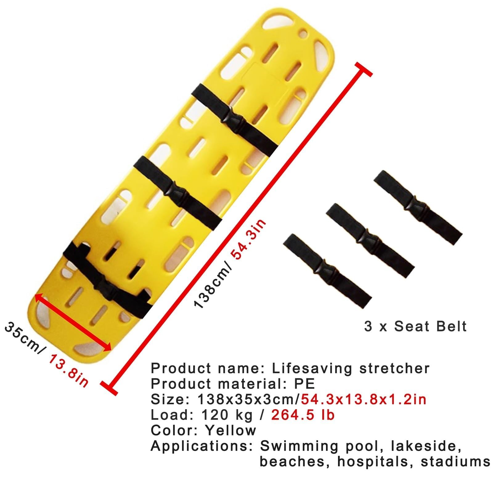 Portable Swimming Pool Life-Saving Board, Emergency Rescue Spine Boards One-Piece Molding with 3 Seat Belt, Water Floating Stretcher First Responder Backboard?Emergency Rescue Stretcher(Orange,138x35x