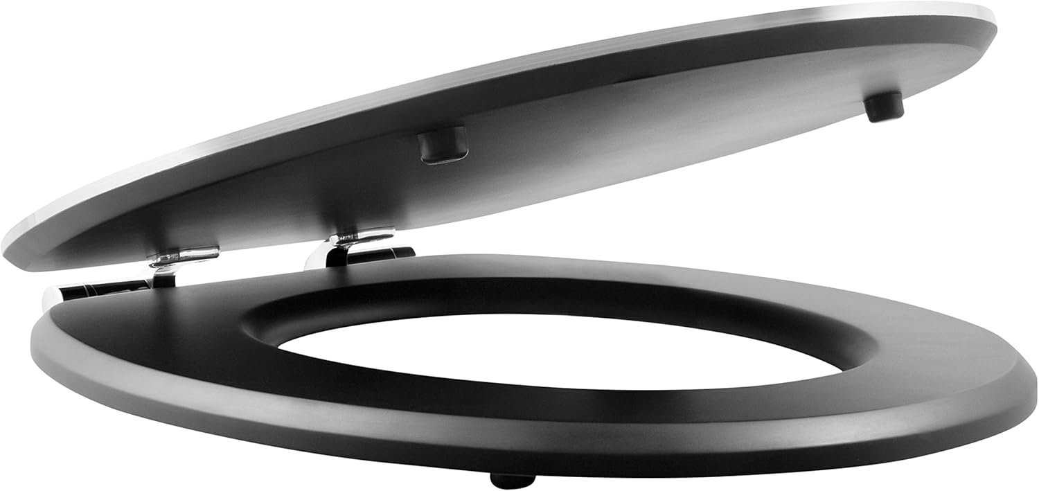 Side profile of the Cornat WC-Sitz Prime 'Black Steel' toilet seat with the lid partially open, highlighting the soft-close mechanism.