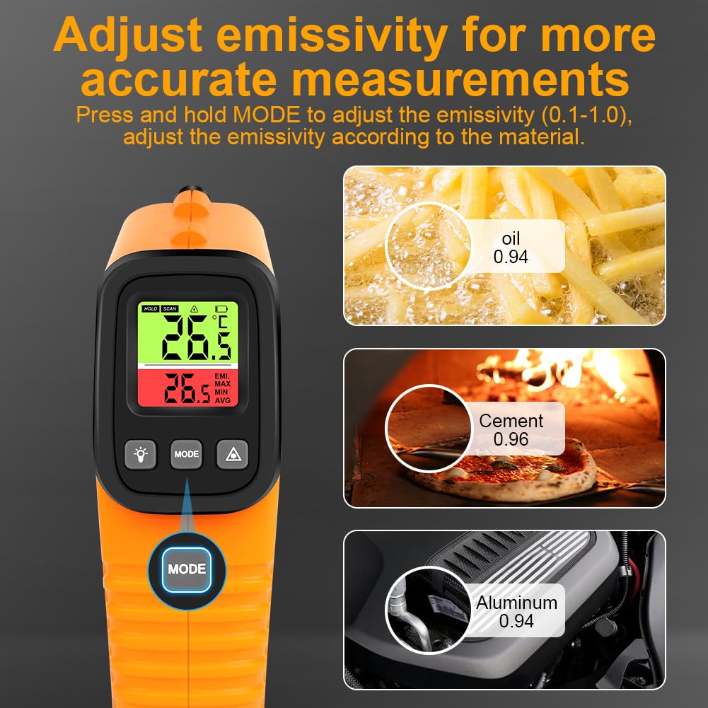 Termómetro Infrarrojo -50°C ~ 550°C Láser sin Contacto Emisividad Ajustable Pantalla LCD
