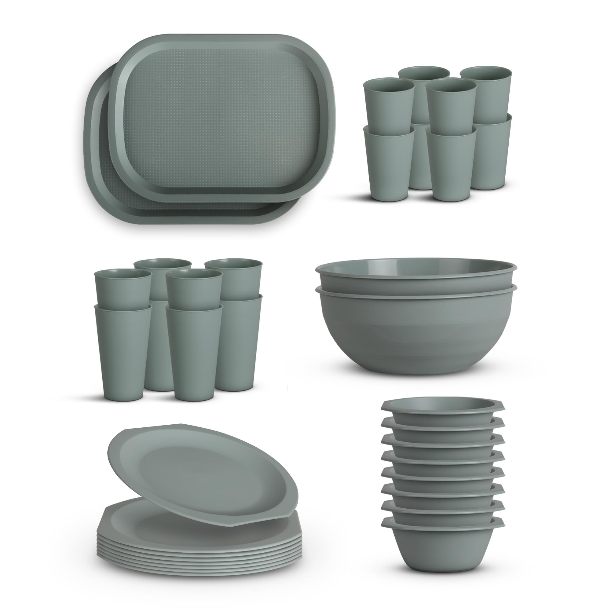 Juego de vajilla de plástico PP irrompible, sin BPA, 36 piezas (cuenco, plato, vaso, bandeja), apto para lavavajillas, fiesta para niños, camping y picnic