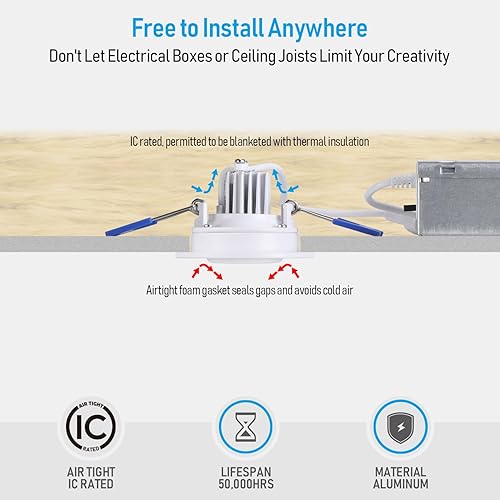 Miniatura 4 de TORCHSTAR 2 pulgadas 5CCT cardán LED empotrable luz con caja J, dirección ajustable, regulable 6W 360LM CRI90+ globo ocular giratorio sin lata,