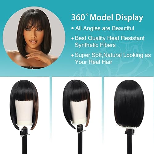 Miniatura 5 de Kalyss Bob - Peluca de cabello corto para mujeres negras, resistente al calor, peluca de cabello sintético para mujer con flequillo (negro con tiras