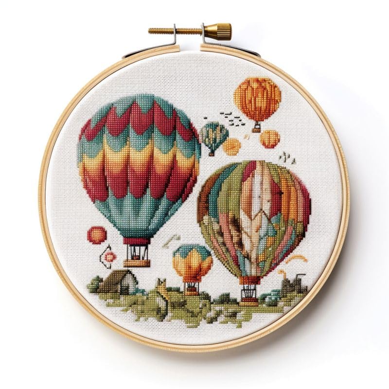 Generic Hot Air Balloon Cross Stitch Kits with Hoop Easy Pattern Stamped Cross-Stitch Supplies Needlework DIY 11CT 3 Strands Cotton Thread Printed DIY Needlepoint Kits 35×35cm (ag251)