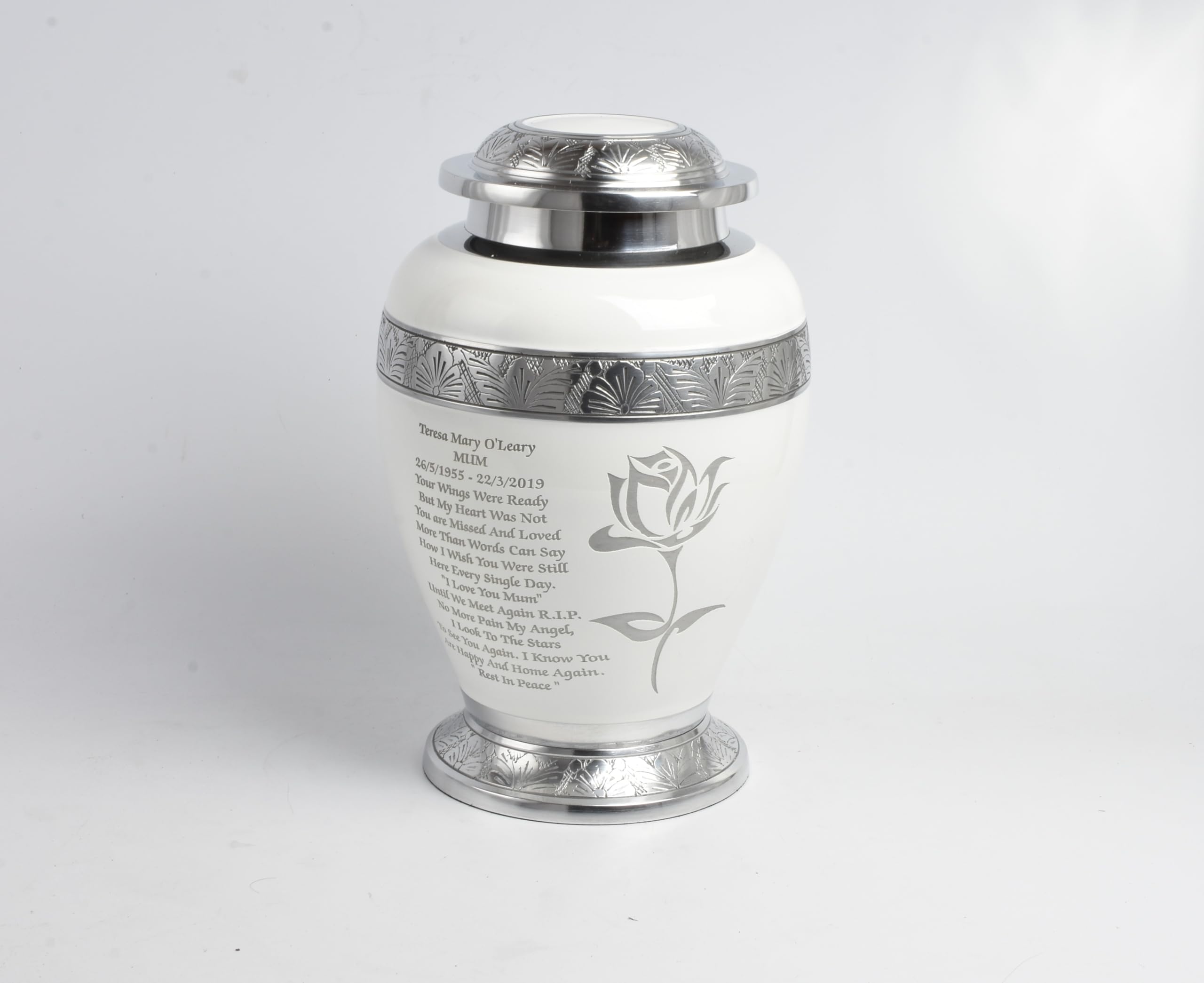 Aluminium Cremation Urn for Human Ashes – Adult Large Size Funeral Memorial Keepsake – Secure and Dignified Resting Place Holds Approx. 90kg or 14 Stone Body Ashes (White - Rose)