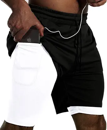JWJ Mens 2 in 1 Running Shorts Quick Dry Gym Athletic Workout Clothes with Side Pockets