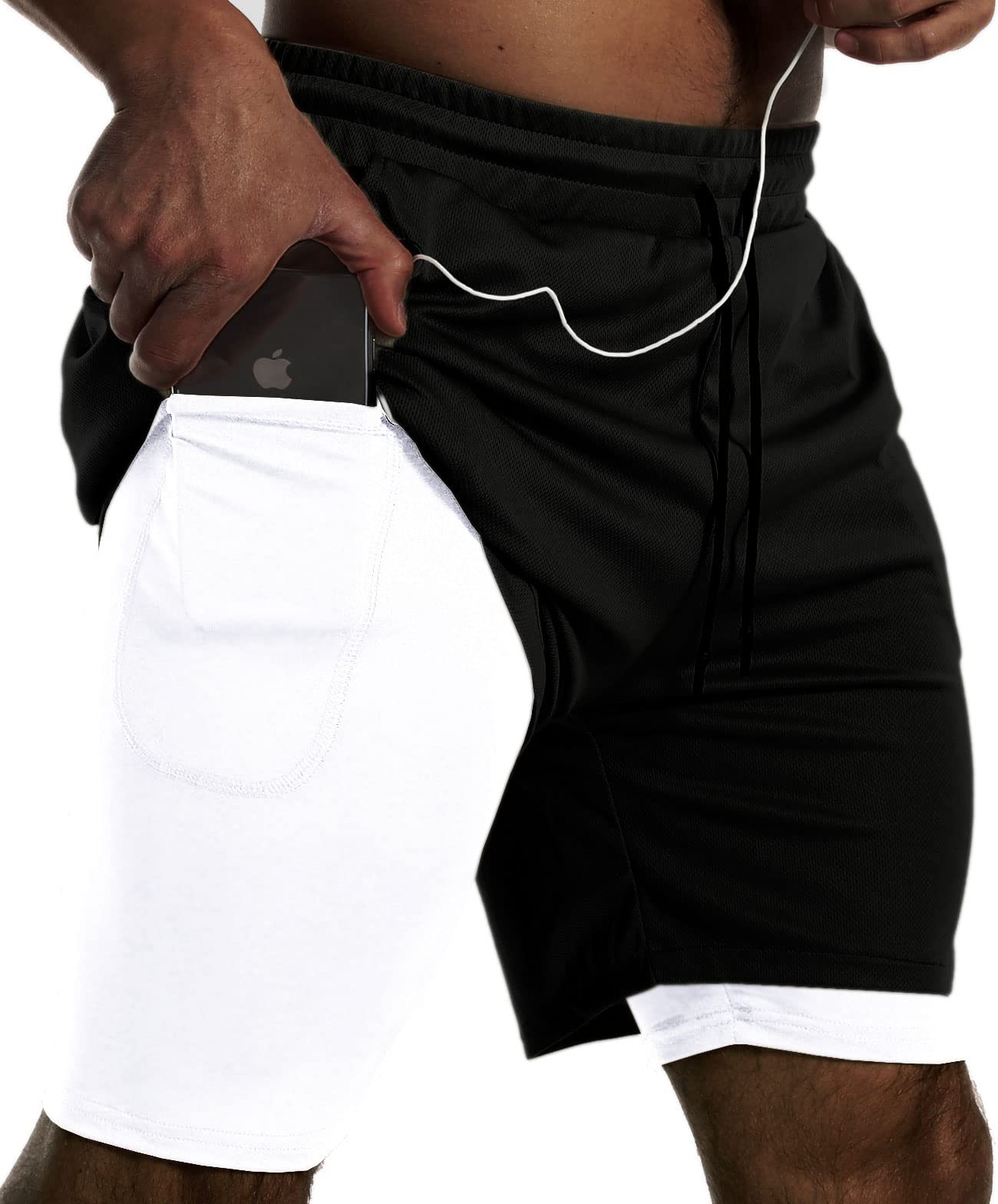 JWJ Mens 2 in 1 Running Shorts Quick Dry Gym Athletic Workout Clothes with Side Pockets
