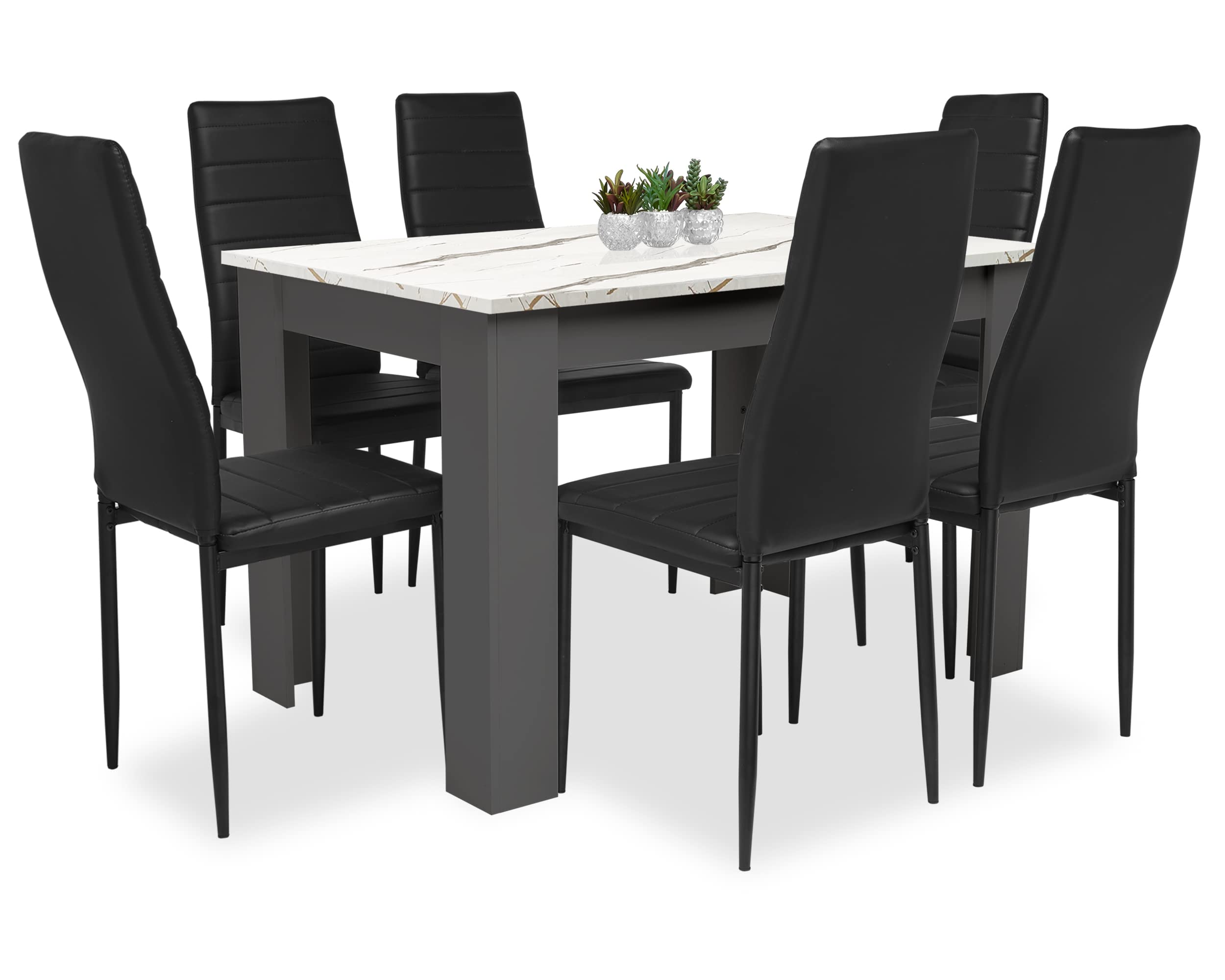 Blisswood Dining Table Set, Dining Table And Chair Set, Pu Leather Dining Room Chairs and 17mm Thick Table Top Long Modern Dining Table Set (White Marble/Grey Dining Table and 6 Black Chairs)