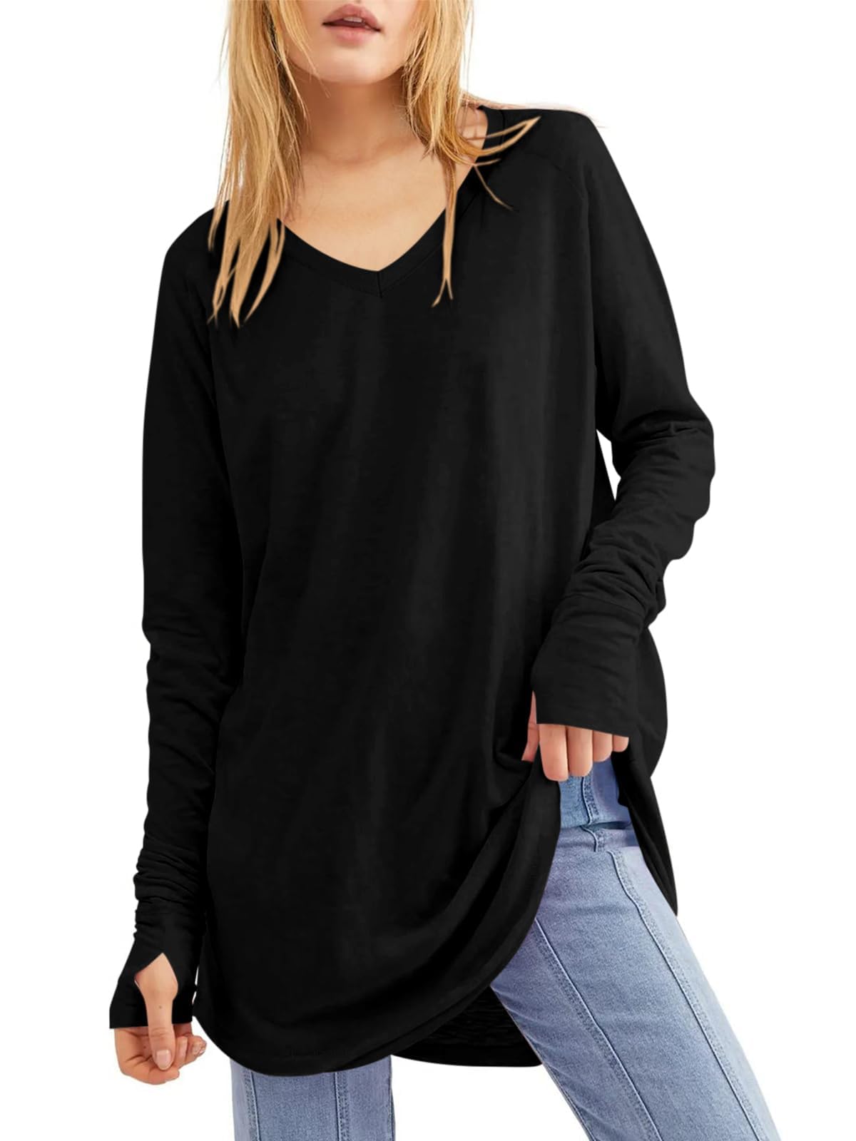 Ebifin Damen Langarmshirt Oversize Longshirt mit Daumenloch | Pullover,Tunika,Langarm,Loose Fit,Casual,Basic,Lang,Top,Longsleeve,Longpulli,Sweatshirt,Oberteil