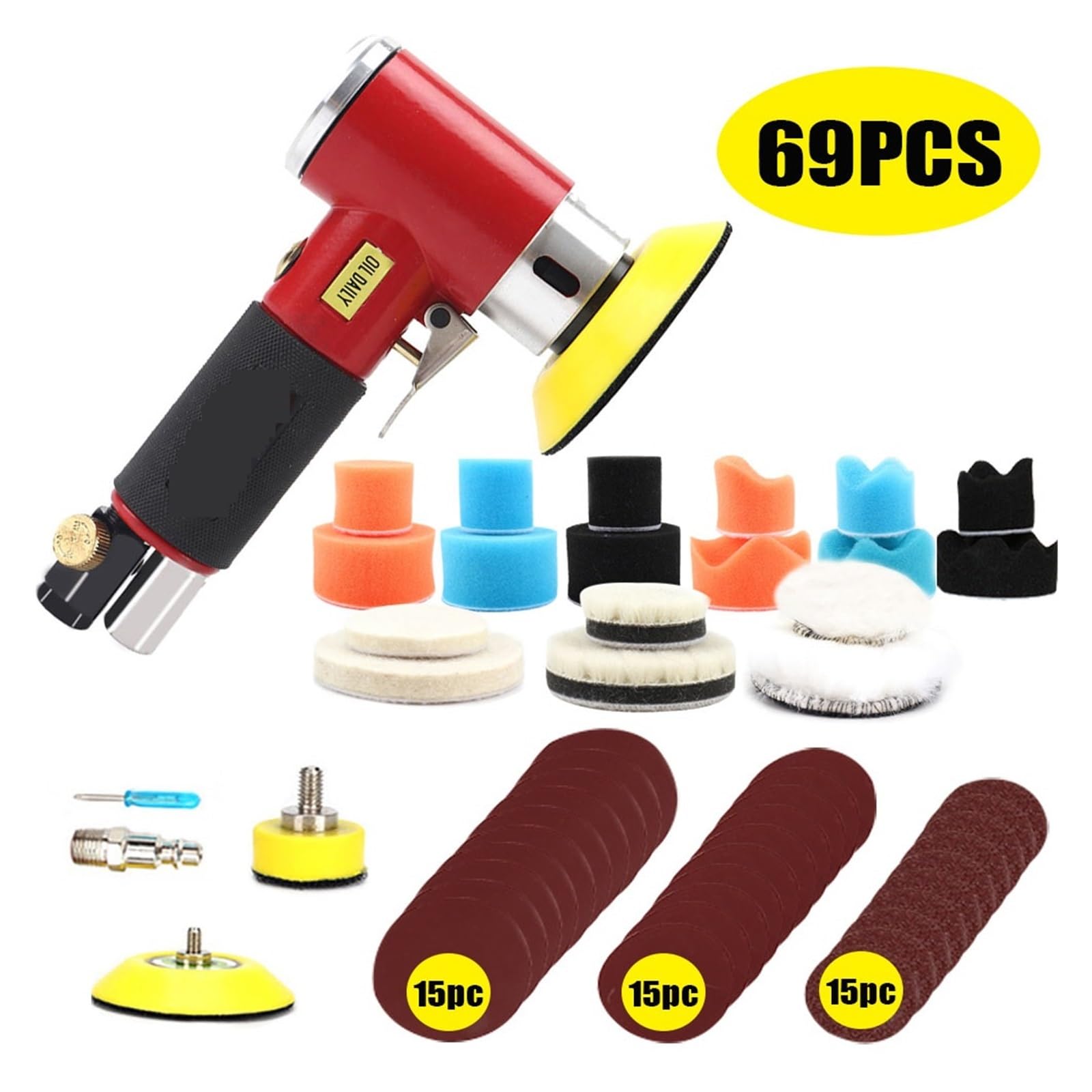 Juego de Mini lijadora de aire orbital de 1 "/2"/3 ", herramientas neumáticas for abrillantado for coche, pulidora de doble acción, herramienta de aire en varias superficies(Red Sander 69pc)