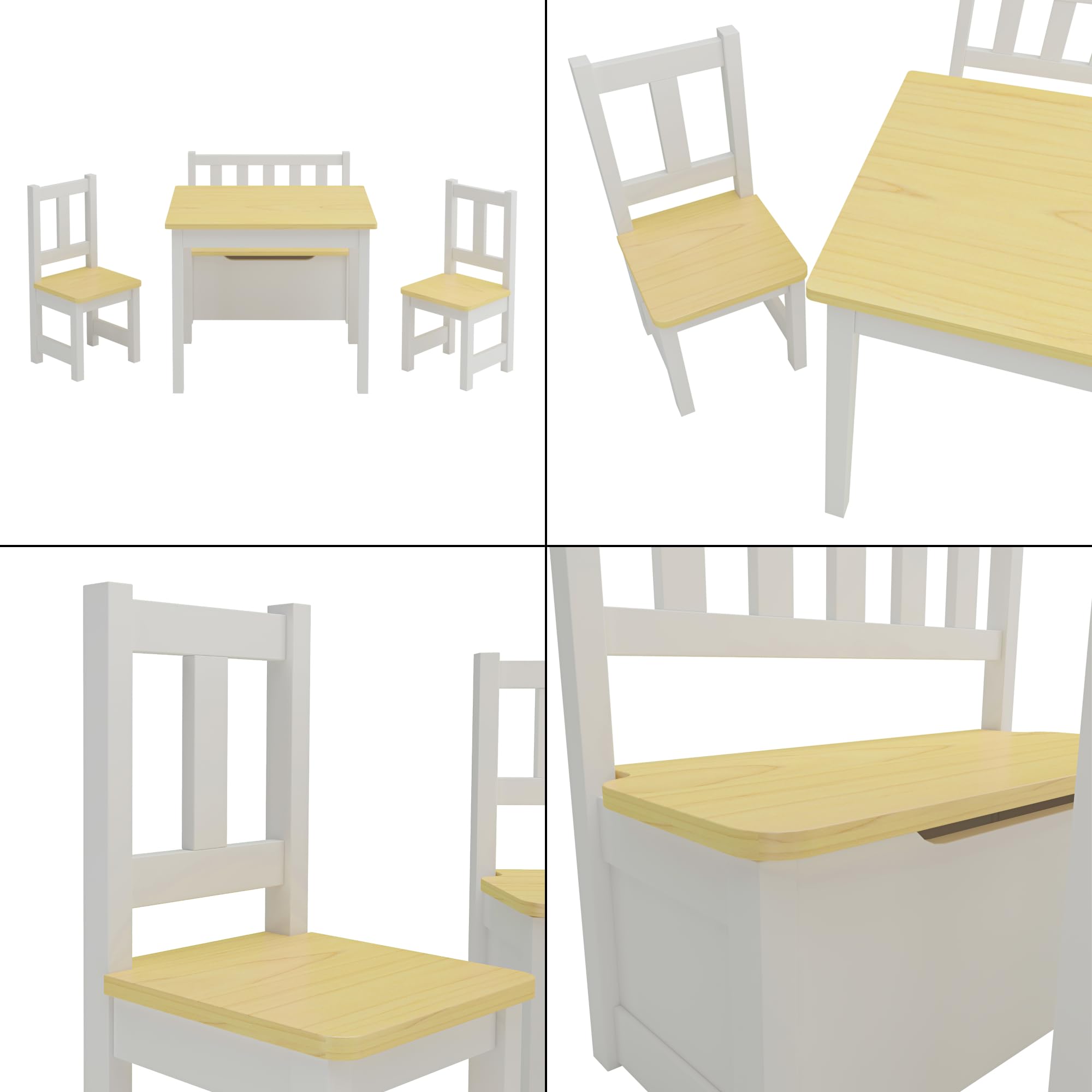 [en.casa] Kindertischset Lousame mit aufklappbarer Sitzbank und 2 Stühlen Kindertisch-Set Kindermöbel Sitzgruppe Kiefernholz Natur/Weiß