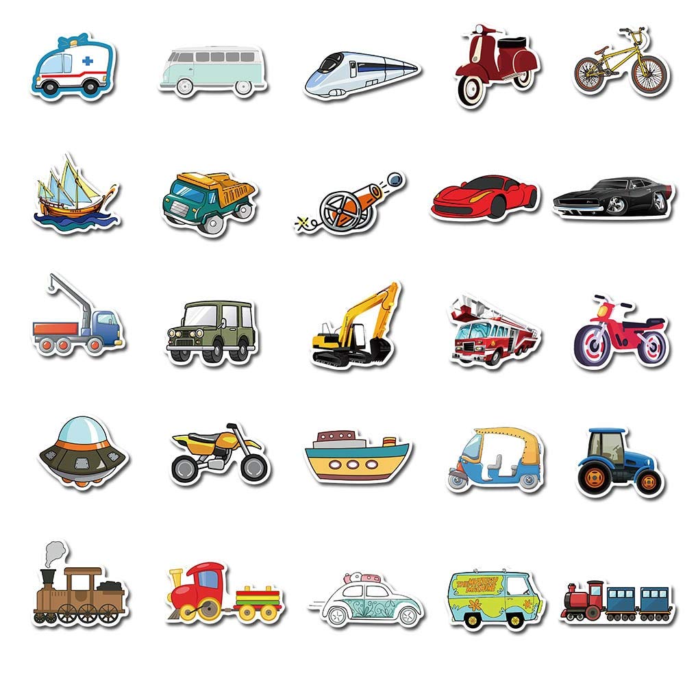 Adesivi carini per trasporto a vela, escavatore, auto, treno, per casco, laptop, PS4, chitarra, giocattoli per bambini, 50 pezzi