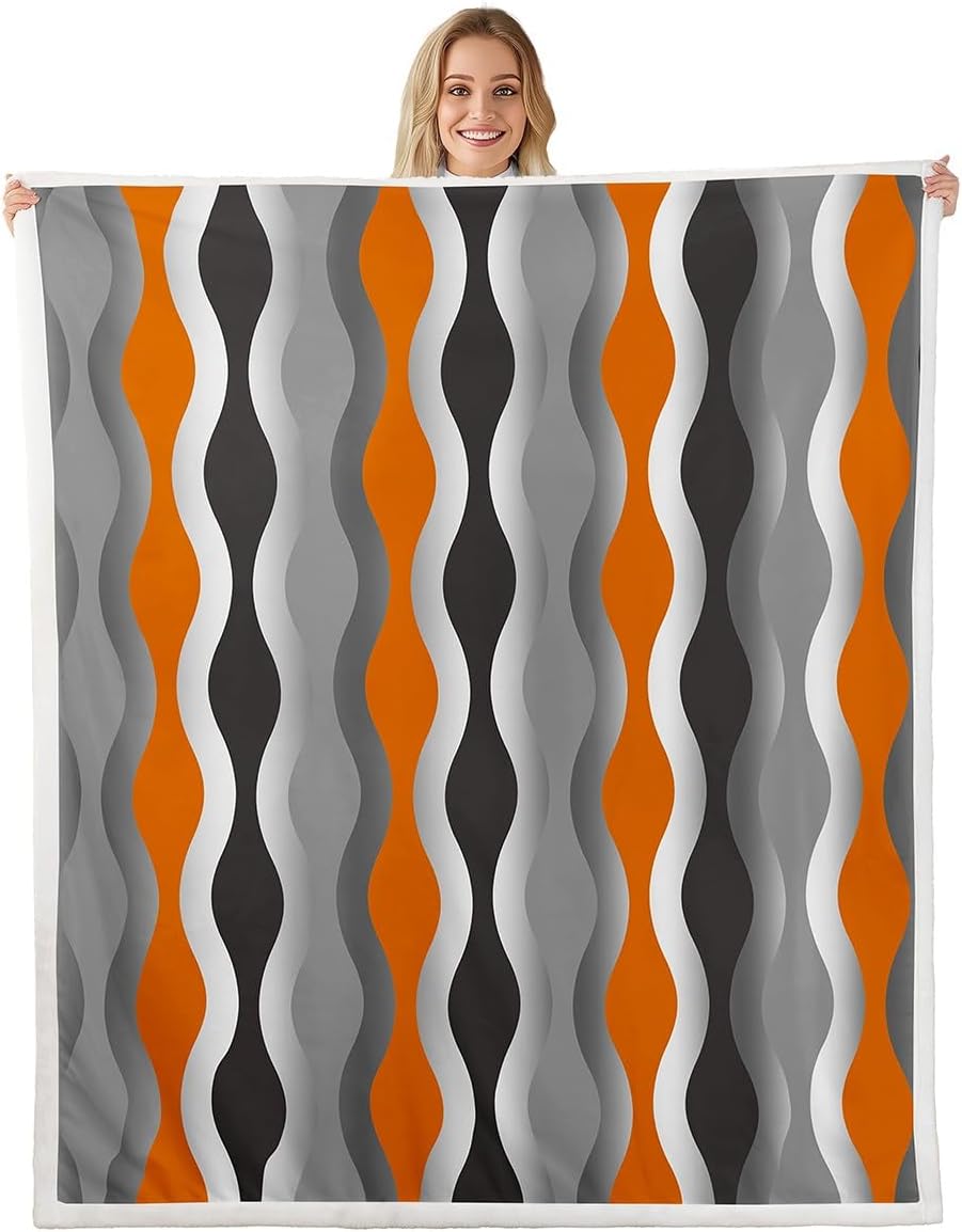 Orange Plush Blanket Mid Century Geometric Fleece Throw Blanket Retro Black Grey Striped Sherpa Blanket for Kids Boys Girls Abstract Modern Decor Fuzzy Blanket for Sofa Bed Couch, Queen 90x90 Inch