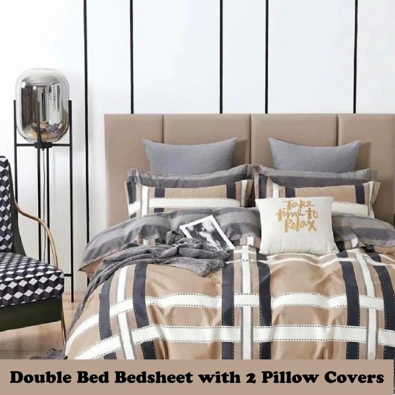 Image of Polycotton Double Bed Bedsheet, Flat Sheet with 2 Pillow Covers, Queen (90x100 inch), 300 TC, Grey & Cream, Set of 3