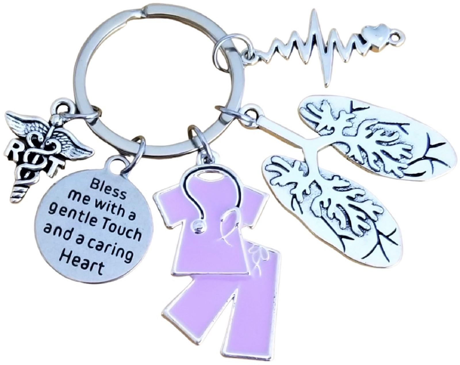 RT Respiratory Therapist Keychain RT Keychain Respiratory Therapy Gift Lung Specialist Anatomical Heartbeat Caduceus Medical Symbol Medical Scrubs Charm