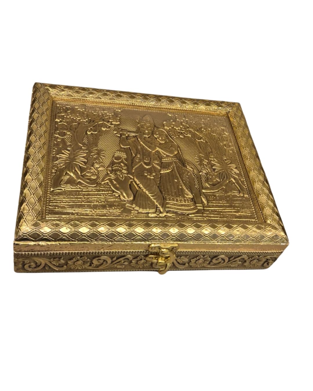 Dry Fruit Box 4 Compartment Antique Golden Mukhwas Dani with Lid Wooden Base Aluminum Foil Decorative Storage Box for Snacks & Festive Serving (7x9x2.5 Inch)-image-1