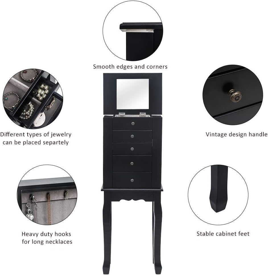 Jewelry Cabinet Armoire Storage Chest with Flip Top Mirror,4 Drawers,Makeup Display Jewelry Box Stand Up Accent Furniture Bedroom Armoires (Black)