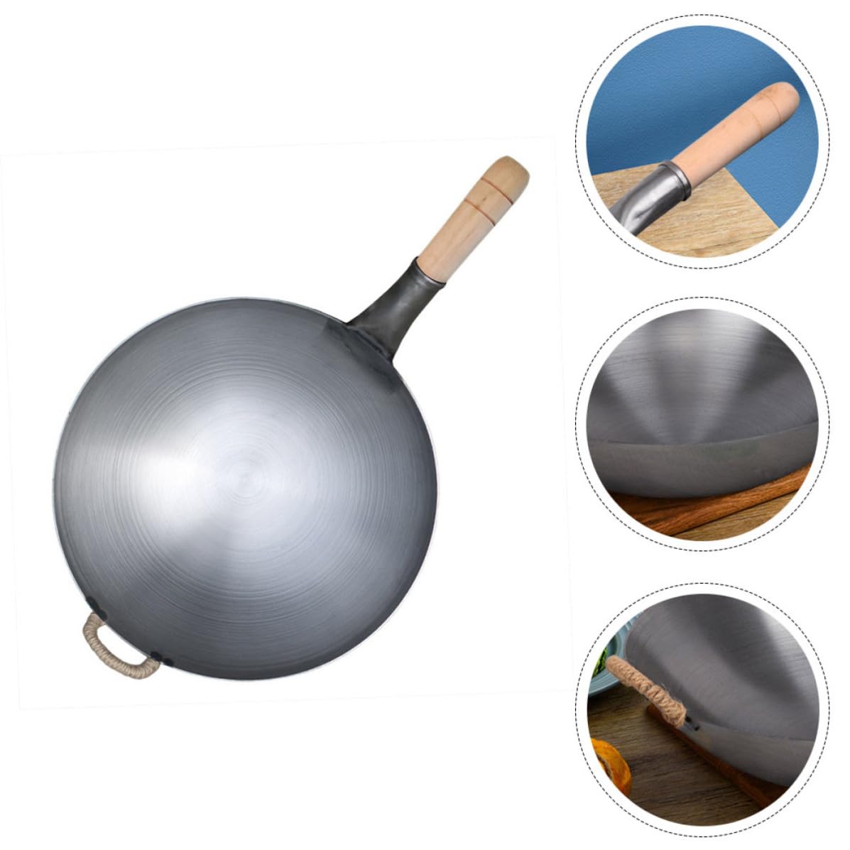 Padella Wok in Ferro Spesso Manico in Legno per Cucina