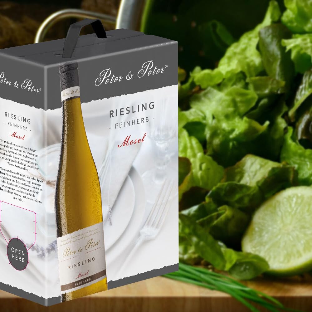 Peter & Peter Riesling QbA, feinherb, 2022, 12 Liter sortenreines Weinpaket (4 x 3 Liter Bag-in-Box) + VINOX Wine Cards