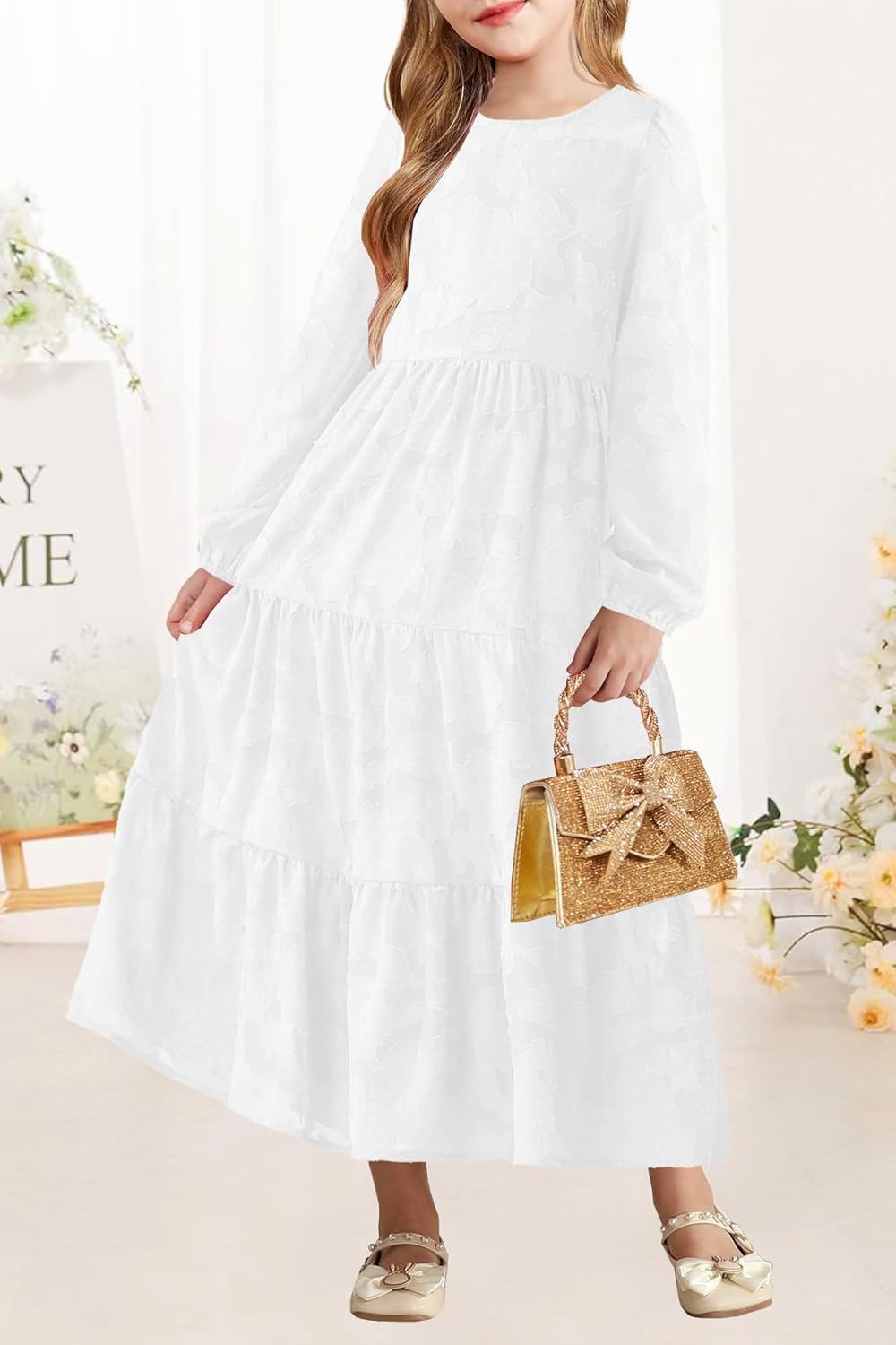 MITILLY Girls Fall Long Sleeve Dress Boho Flower A-Line Ruffle Tiered Flowy Maxi Dresses for Wedding Party 6-12 Years - Image 4