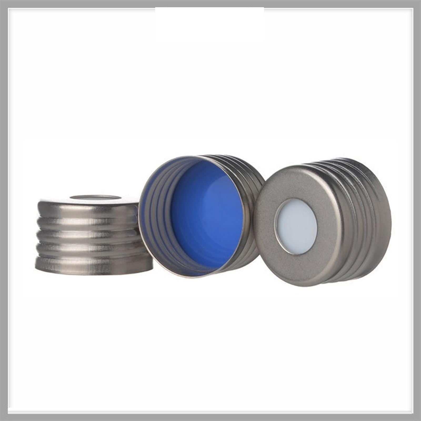 Setti for copertura magnetica in metallo 18 mm Setti 17,5 mm PTFE bianco/silicone blu (1,5 mm) di spessore Tappo for fiala for cromatografia 18 mm 100/conf.