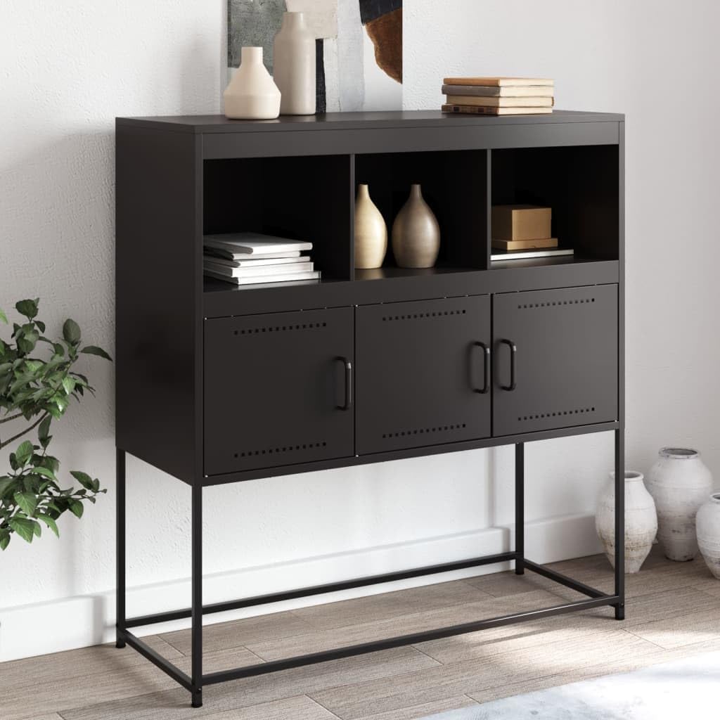Black Matte Sideboard with 3 Compartments and Doors, Modern Cold-Rolled Steel Storage Cabinet for Living Room, Durable Organizer Unit, Easy Assembly and Versatile Furniture