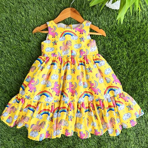 Image of Stanwells Kids Baby Girls Off-White Animal Print Cotton Rayon Knee-Length Frock | Sleeveless Summer Dress with Lion Print & Flared Back Zipper (6 Months-7 Years)