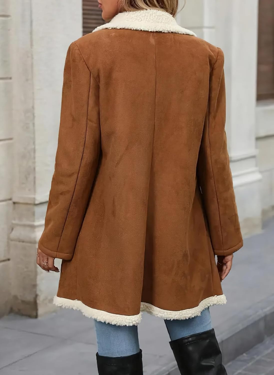 chouyatou Women's Winter Notch Lapel Double Breasted Peacoat Sherpa Fleece Lined Faux Suede Jacket Coat - Image 6