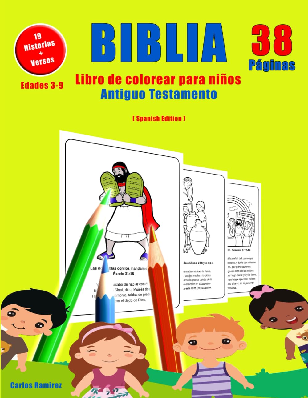 Libro de colorear para niños - Biblia - Antiguo Testamento: Colorea historias y aprende versículos bíblicos