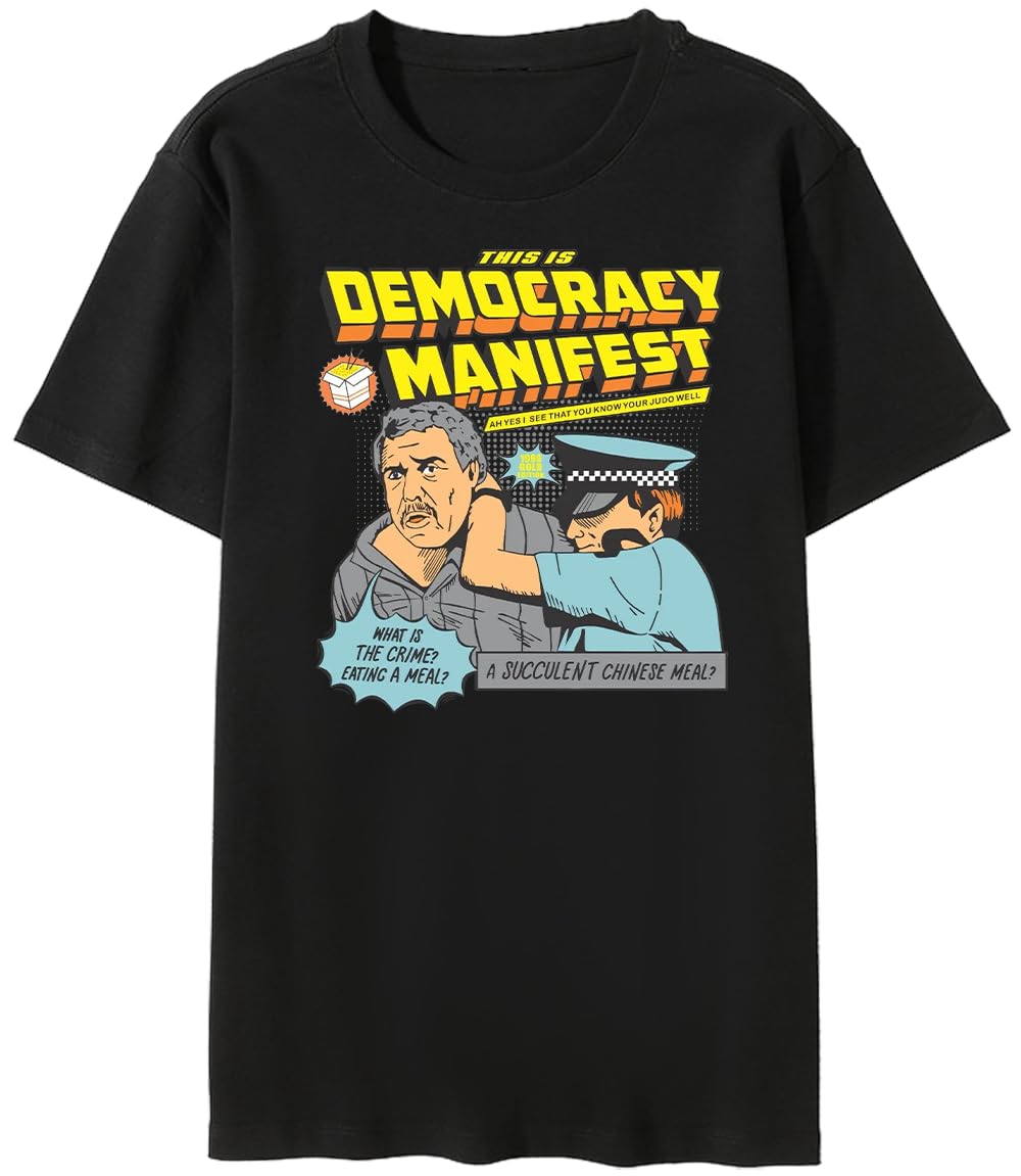 Democracy Manifest Unisex Adults T-Shirt, Purple, Short Sleeve, Crew Neck, Loose Fit, Size S-3XL, Letter Print (Cartoon), Spring, Fall